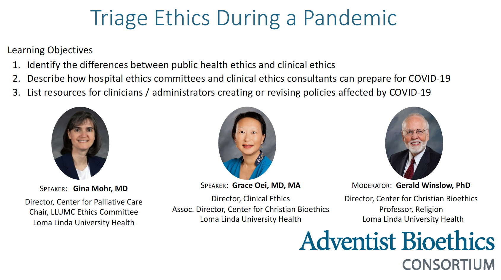 Title slide of "Triage Ethics During a Pandemic" webinar