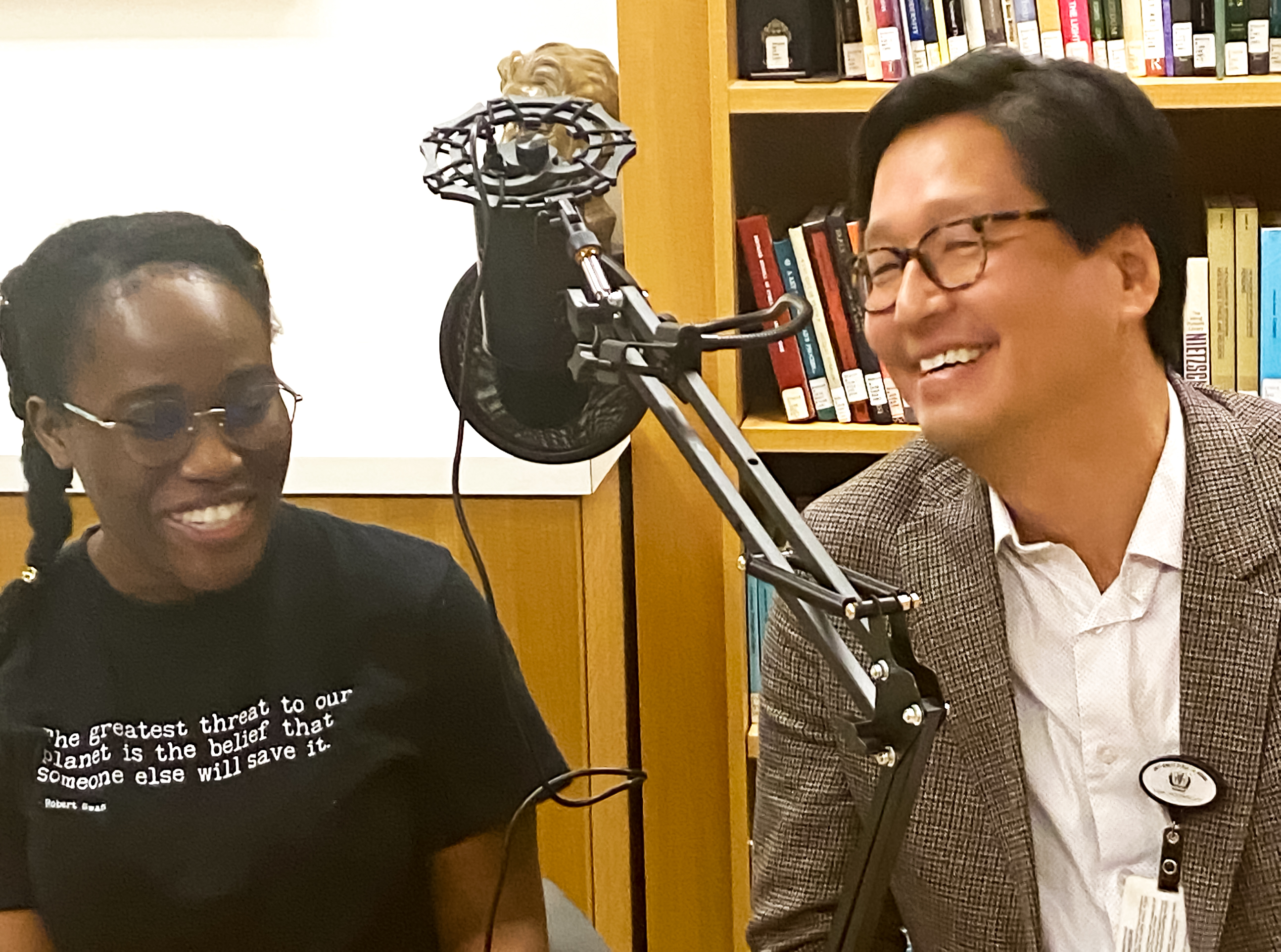Medical student Hazel Ezeribe interviewing Dr. Yi for a podcast